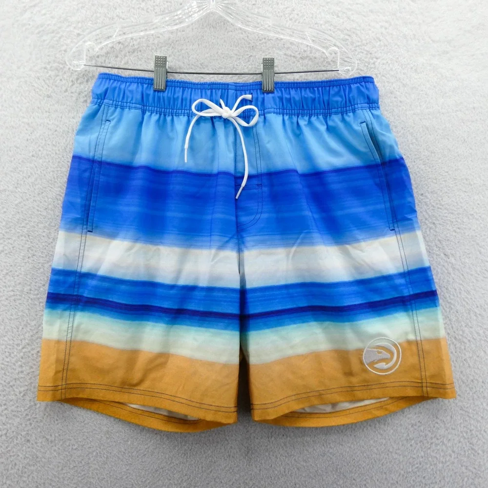 G-III Swim Shorts Mens Large Atlanta Hawks NBA‎ Blue Orange Striped Lined Trunks